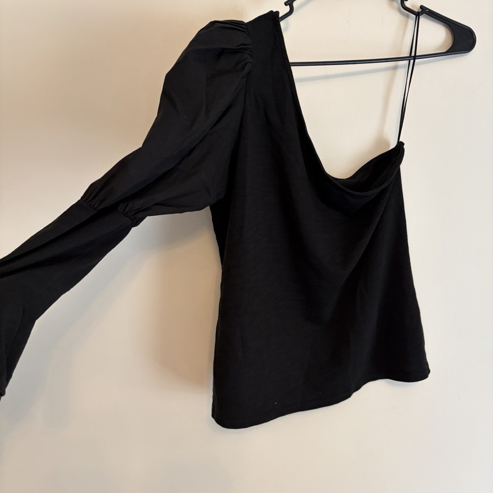 Nation‎ LTD Sabrina One Shoulder Party Tee Top Large Black Puff Long Sleeve